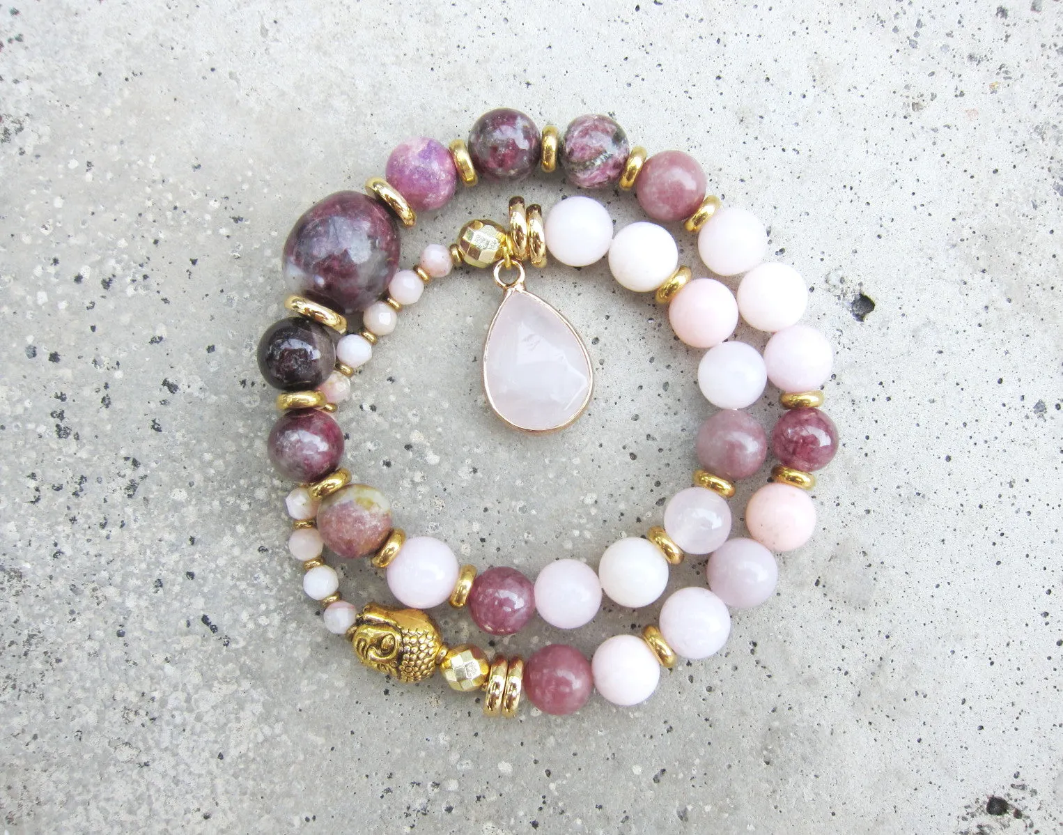 Plum Tourmaline, Pink Opal, Rose Quartz   Lepidolite in 27 Bead Mala Bracelet