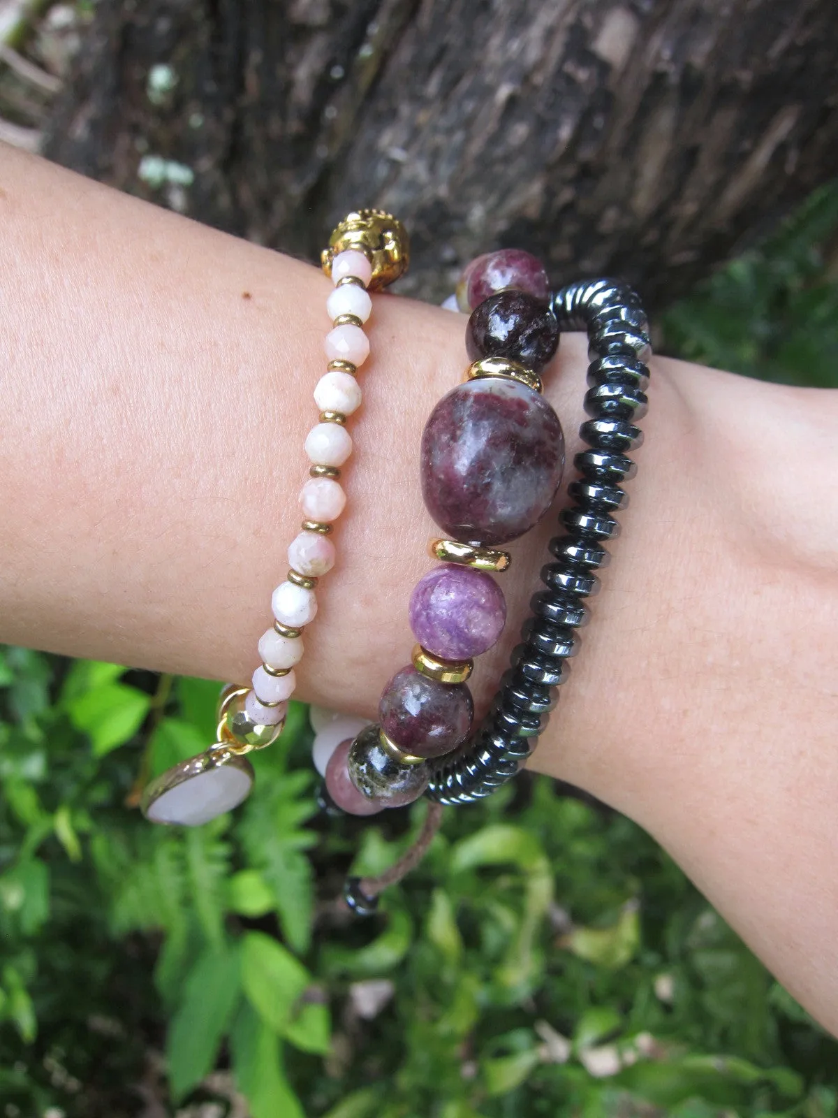 Plum Tourmaline, Pink Opal, Rose Quartz   Lepidolite in 27 Bead Mala Bracelet