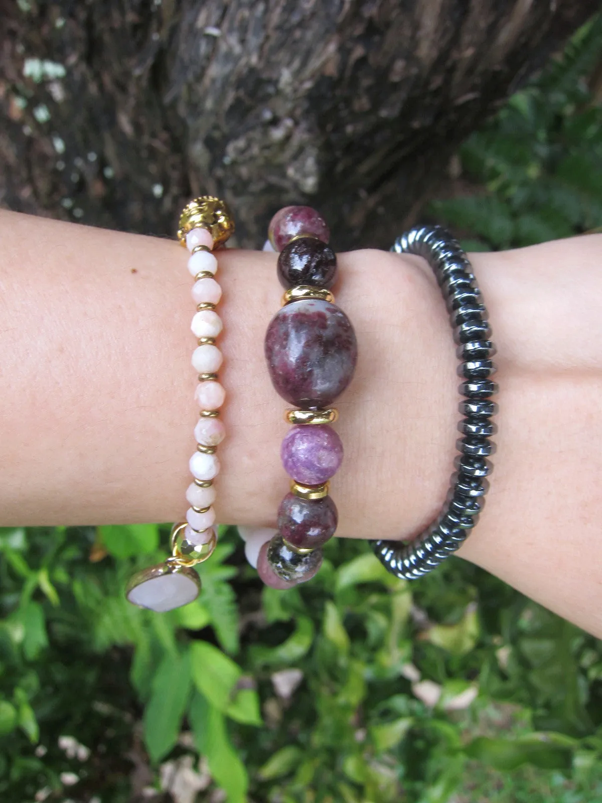 Plum Tourmaline, Pink Opal, Rose Quartz   Lepidolite in 27 Bead Mala Bracelet