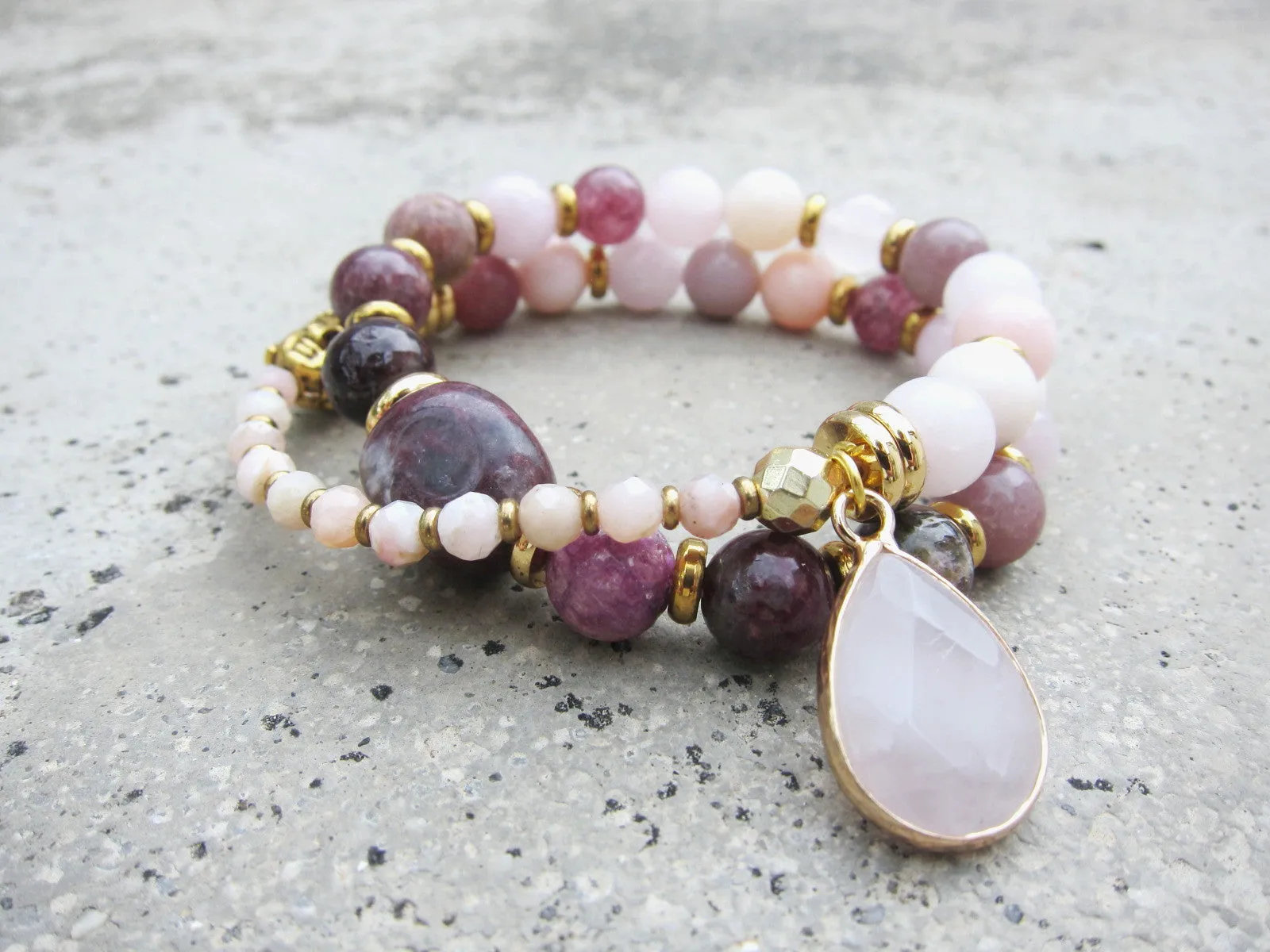 Plum Tourmaline, Pink Opal, Rose Quartz   Lepidolite in 27 Bead Mala Bracelet