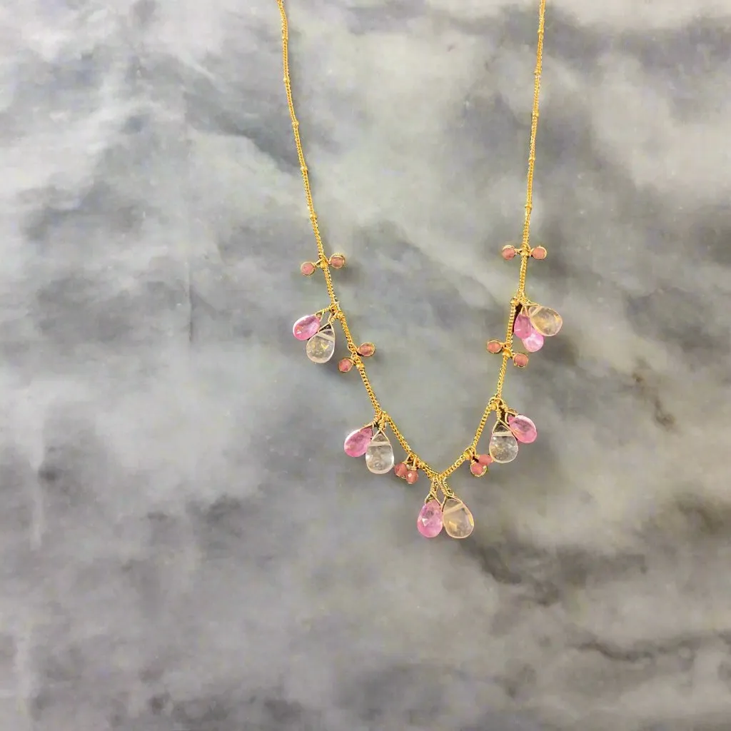 Pom Jewelry Rose Quartz & Pink Sapphire Necklace In Gold Fill-PNRQ2