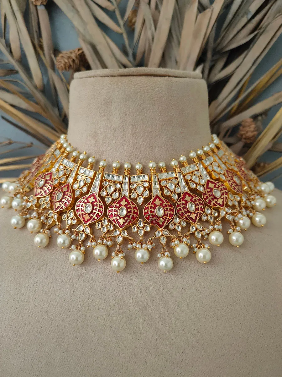 Red Color Gold Plated Jadau Kundan Bridal Necklace Set - MS1350D