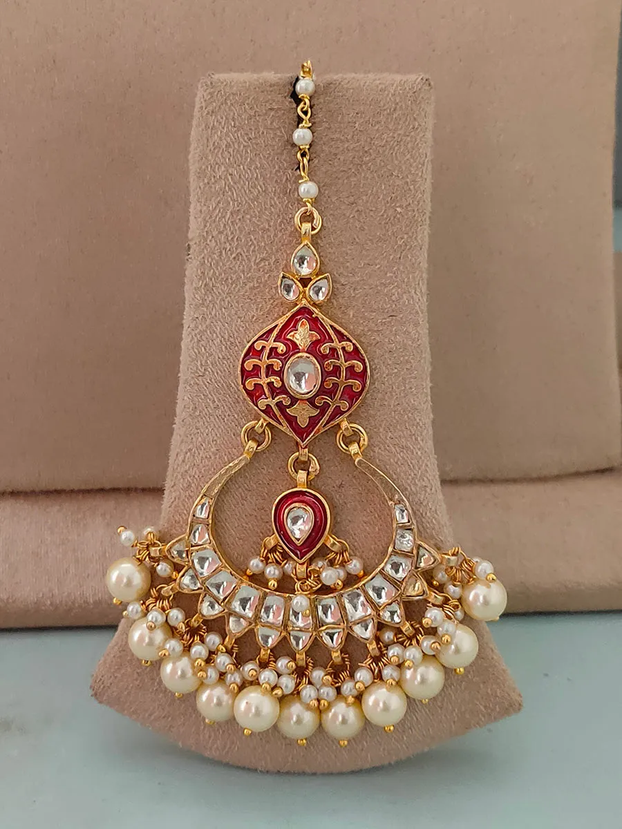 Red Color Gold Plated Jadau Kundan Bridal Necklace Set - MS1350D