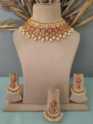 Red Color Gold Plated Jadau Kundan Bridal Necklace Set - MS1350D