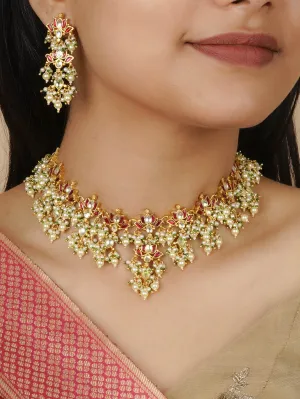 Red Color Gold Plated Jadau Kundan Necklace Set - MS2056YR