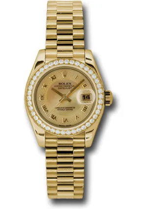 Rolex Yellow Gold Lady-Datejust 26 Watch - 42 Diamond Bezel - Champagne Decorated Mother-Of-Pearl Roman Dial - President Bracelet - 179138 chmdrp