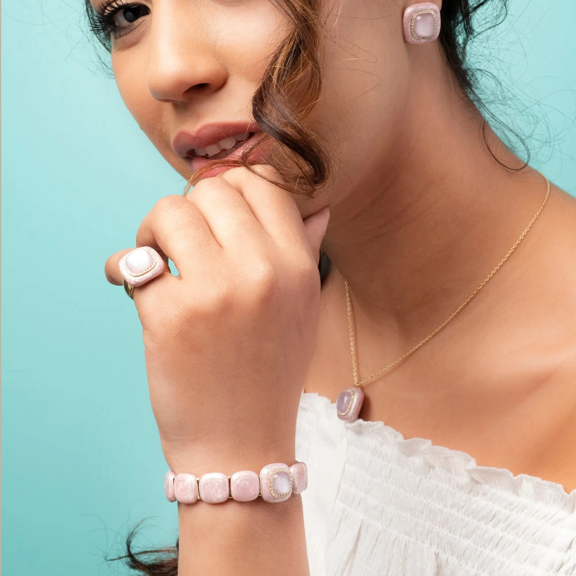Rose pink enamel 18k yellow gold diamond bracelet