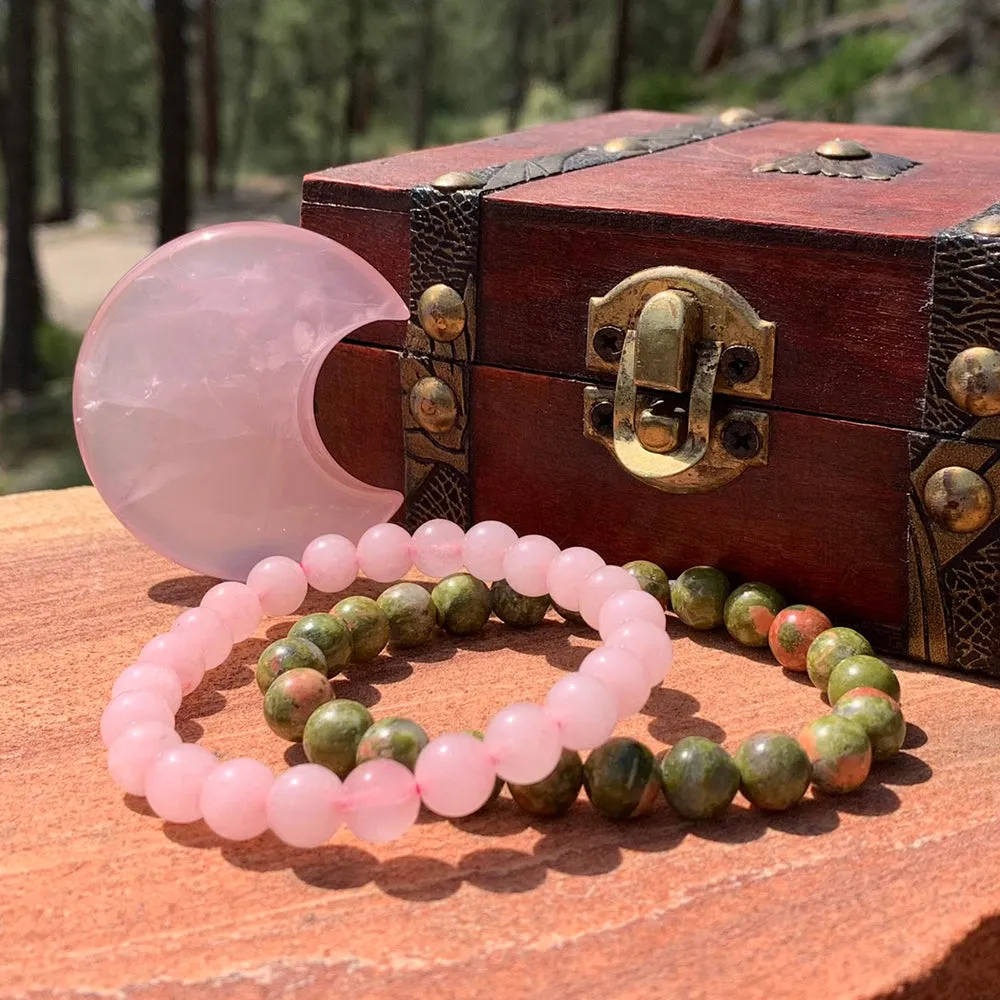 Rose Quartz Crescent Moon Shape   Mala Bracelets Gift Set