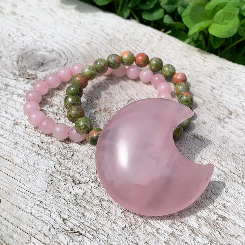 Rose Quartz Crescent Moon Shape   Mala Bracelets Gift Set