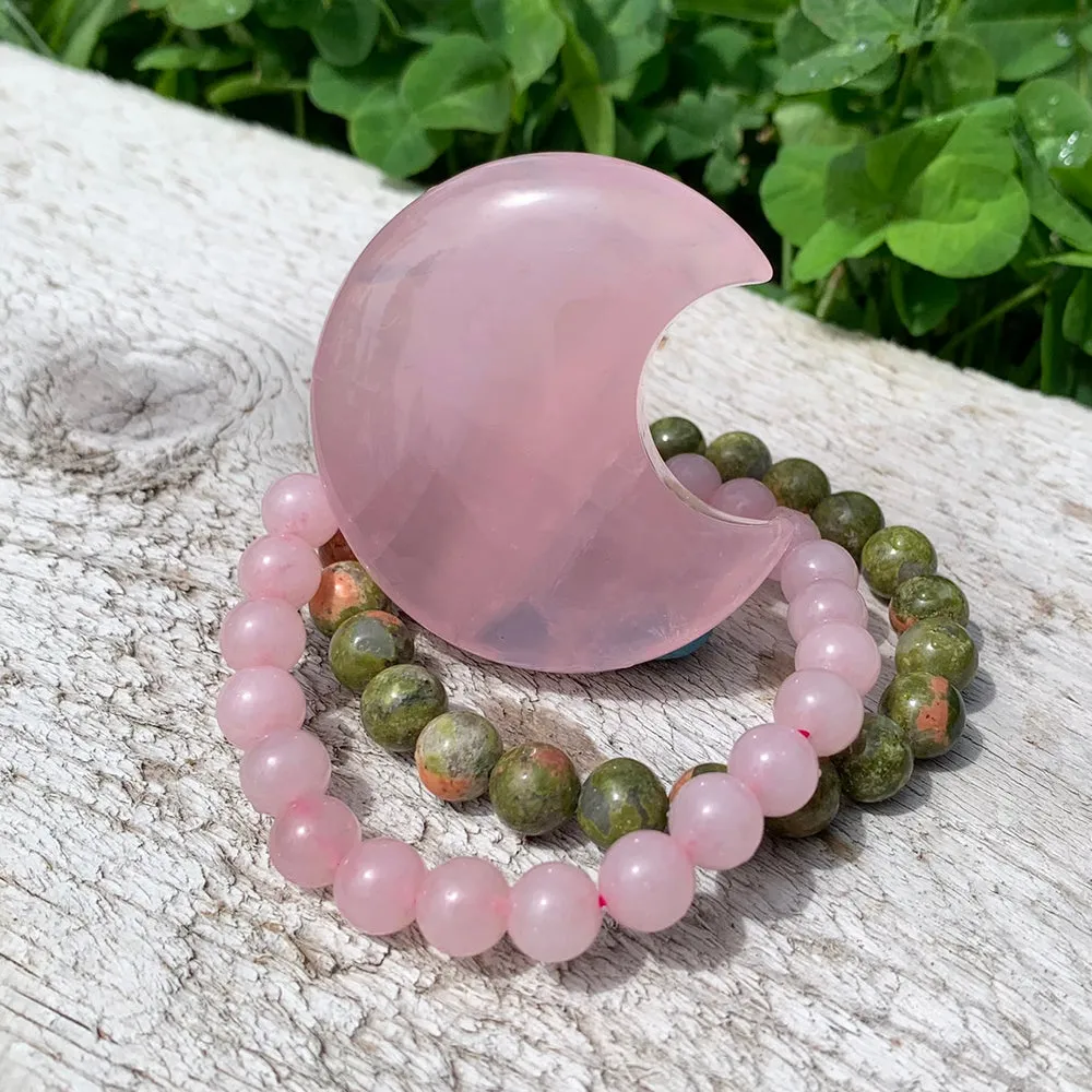 Rose Quartz Crescent Moon Shape   Mala Bracelets Gift Set