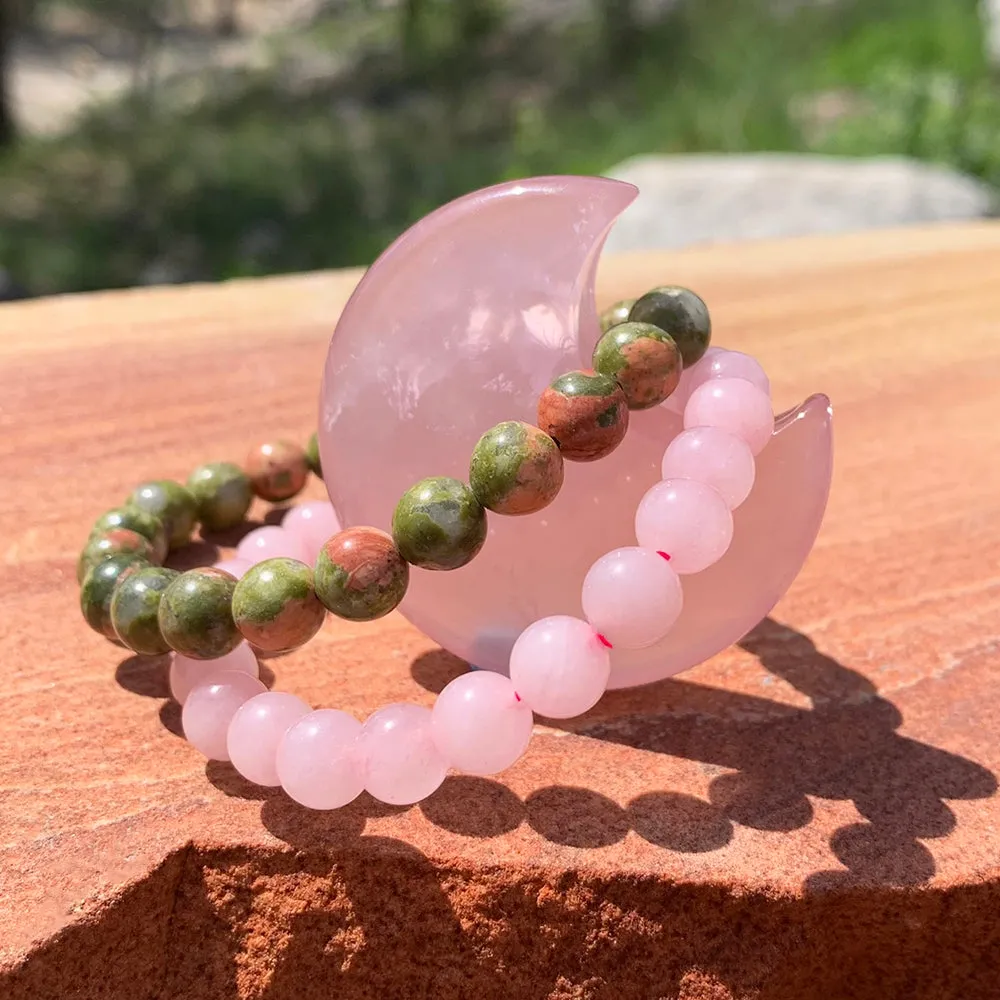 Rose Quartz Crescent Moon Shape   Mala Bracelets Gift Set