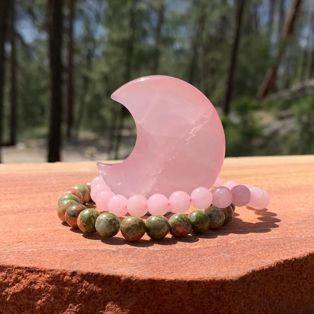 Rose Quartz Crescent Moon Shape   Mala Bracelets Gift Set