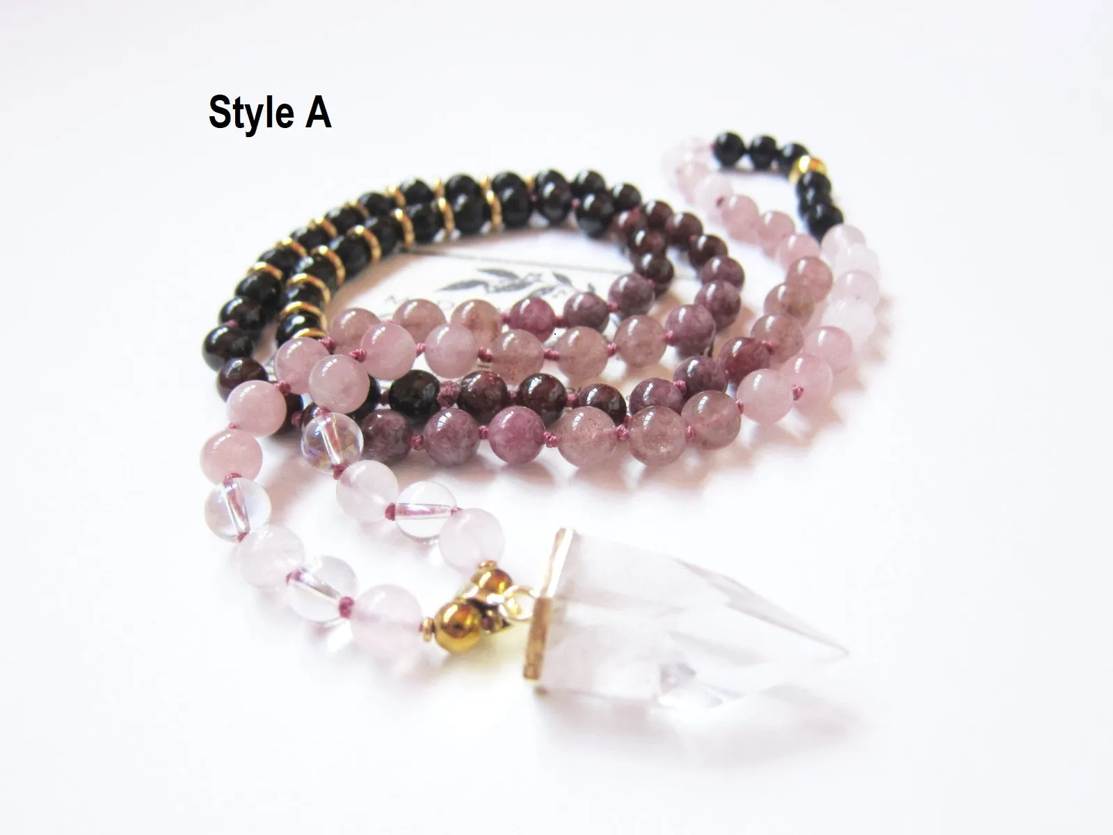 Rose Quartz, Strawberry Quartz with Bullet Point Quartz Pendant Necklace