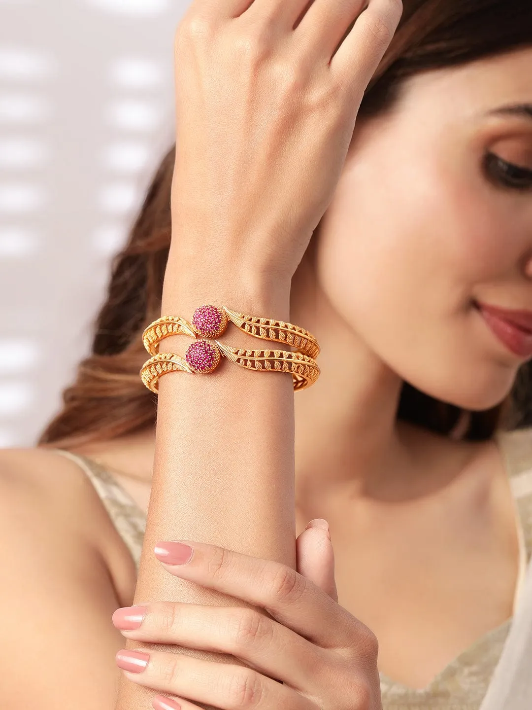 Rubans Stylish Set of 2 18K Gold Plated Ruby Studded Geru Polish Finish Traditional Bangles