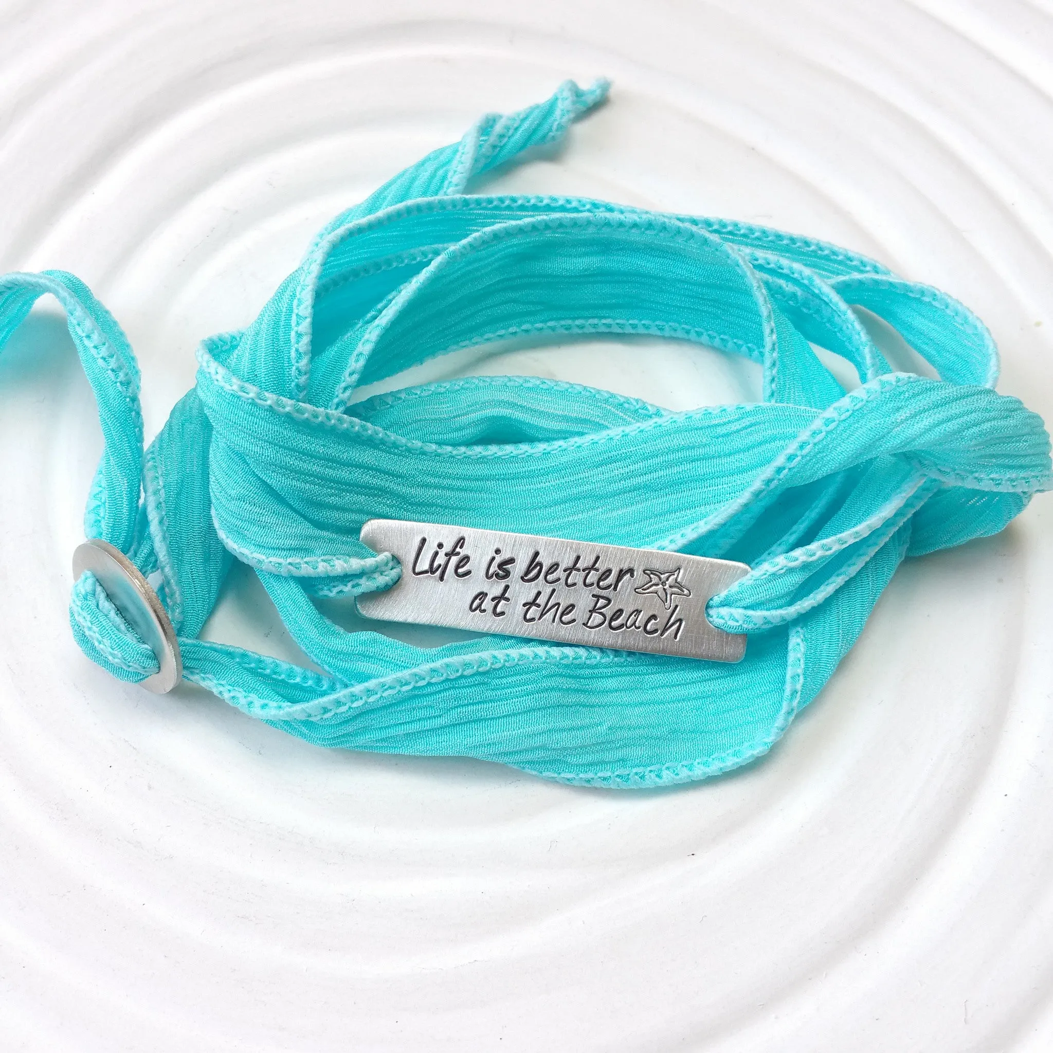 Silk Ribbon Wrap Bracelet | Exclusive Slide Clasp | Beach Saying