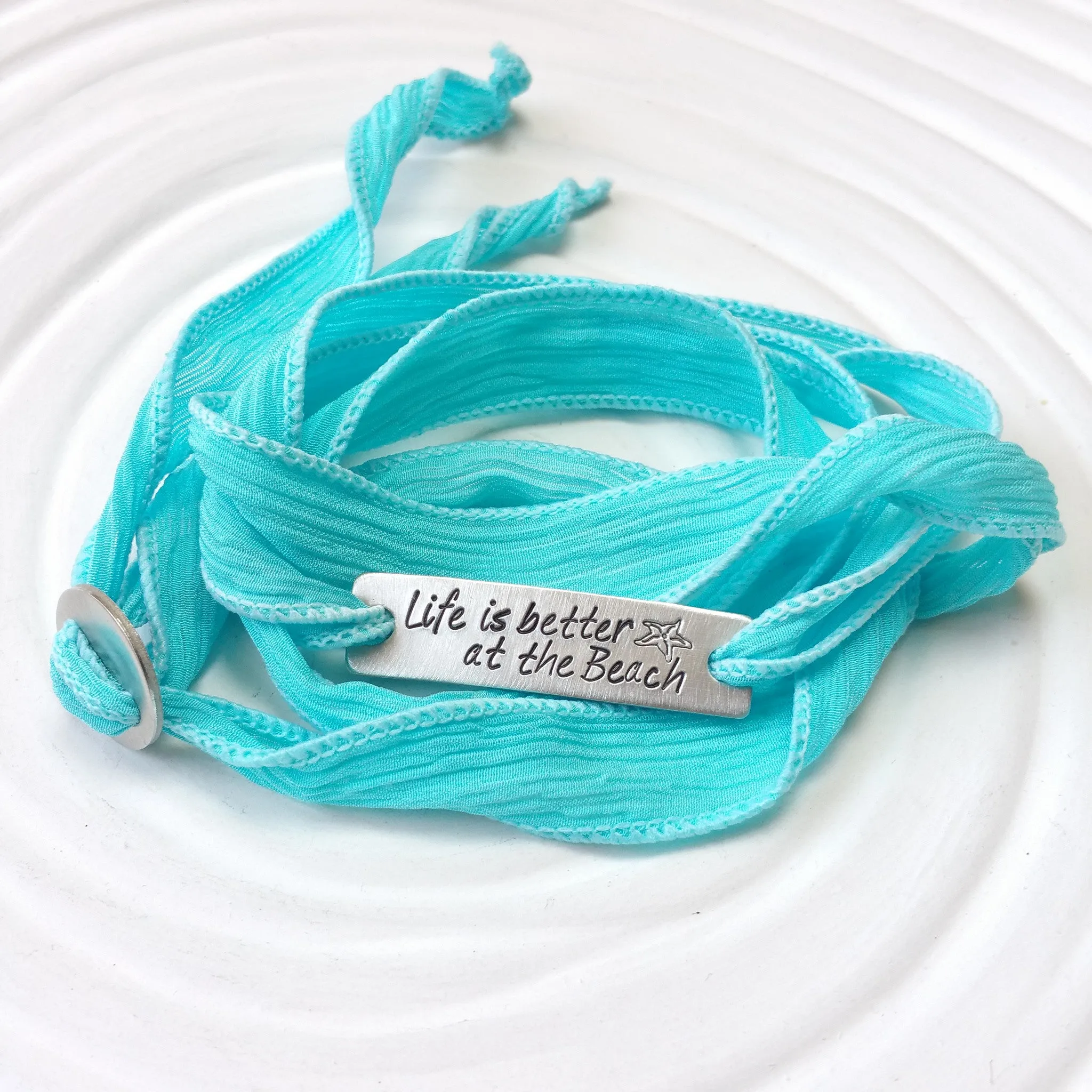 Silk Ribbon Wrap Bracelet | Exclusive Slide Clasp | Beach Saying