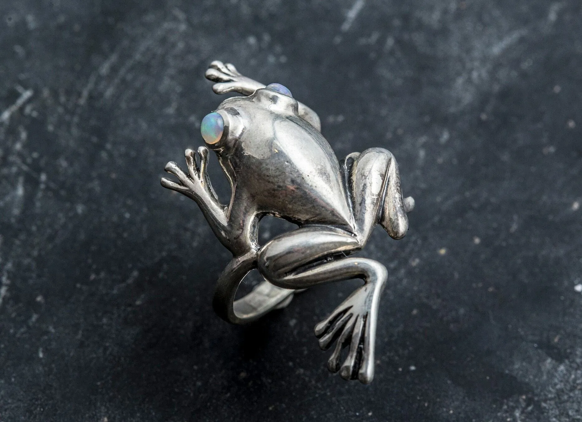 Silver Frog Ring - Opal Frog Ring - Statement Frog Ring