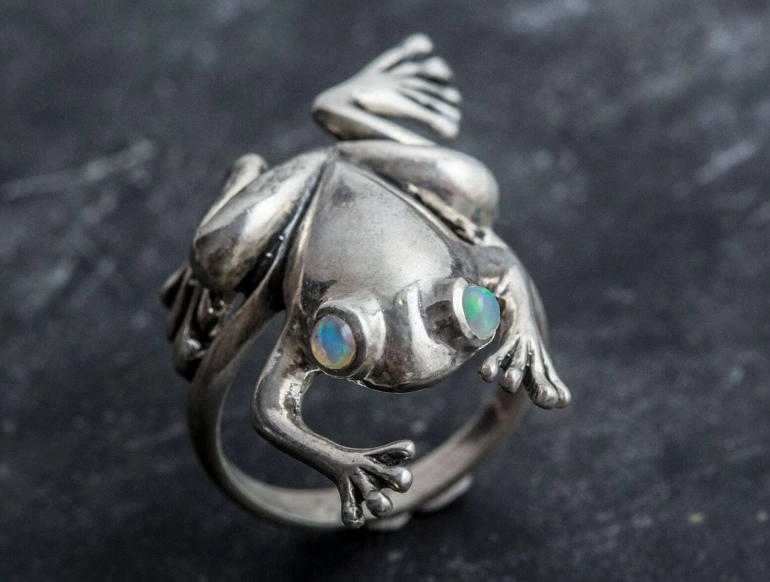 Silver Frog Ring - Opal Frog Ring - Statement Frog Ring