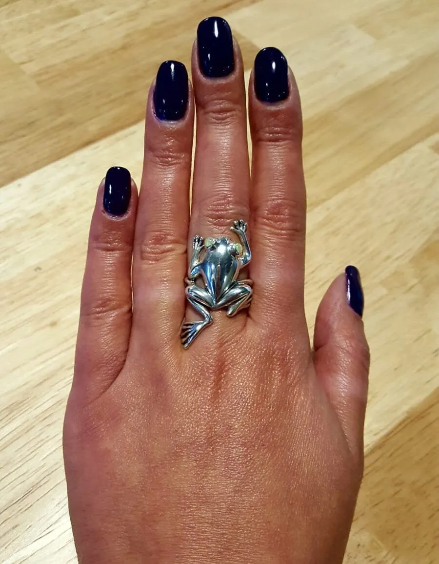 Silver Frog Ring - Opal Frog Ring - Statement Frog Ring