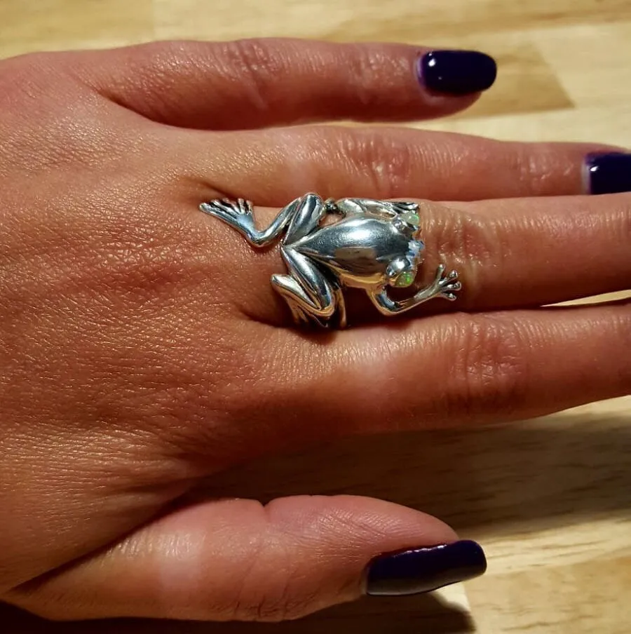 Silver Frog Ring - Opal Frog Ring - Statement Frog Ring