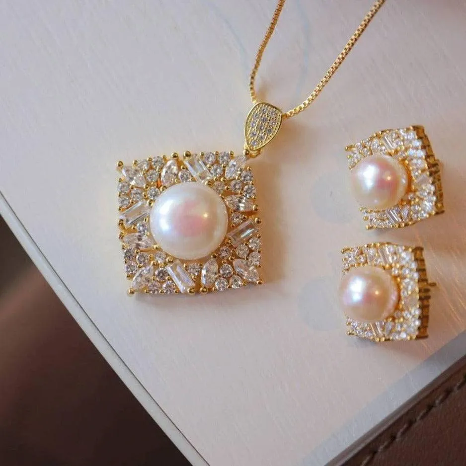 Square Pendant CZ White Freshwater Pearl Set