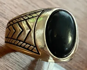 Sterling Silver 925 Onyx Signet Ring Sz 8.75 Chevron Pattern