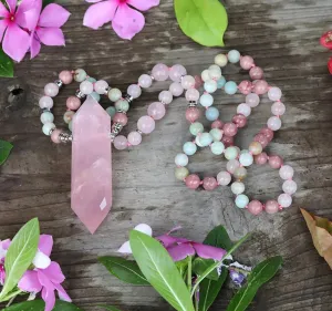 The Pink Enchanter Mala - Rose Quartz Pendant Necklace in 108 Beads