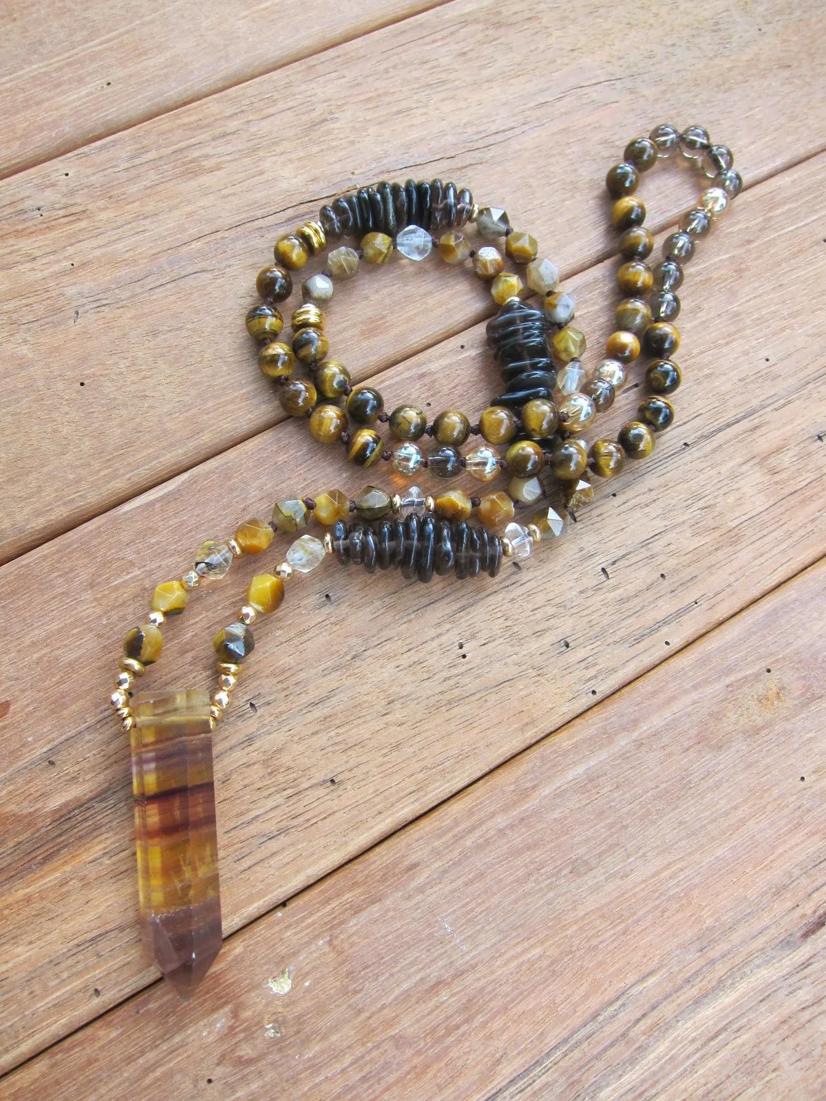 Tiger Eye, Smoky Quartz Mala Necklace in Yellow Fluorite Bullet Pendant Point