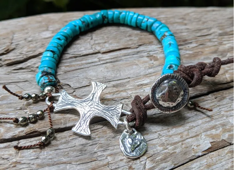 Turquoise & Medieval Cross Bracelet