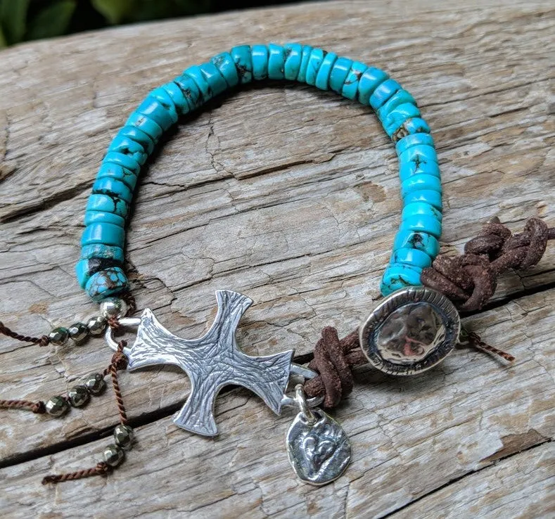 Turquoise & Medieval Cross Bracelet