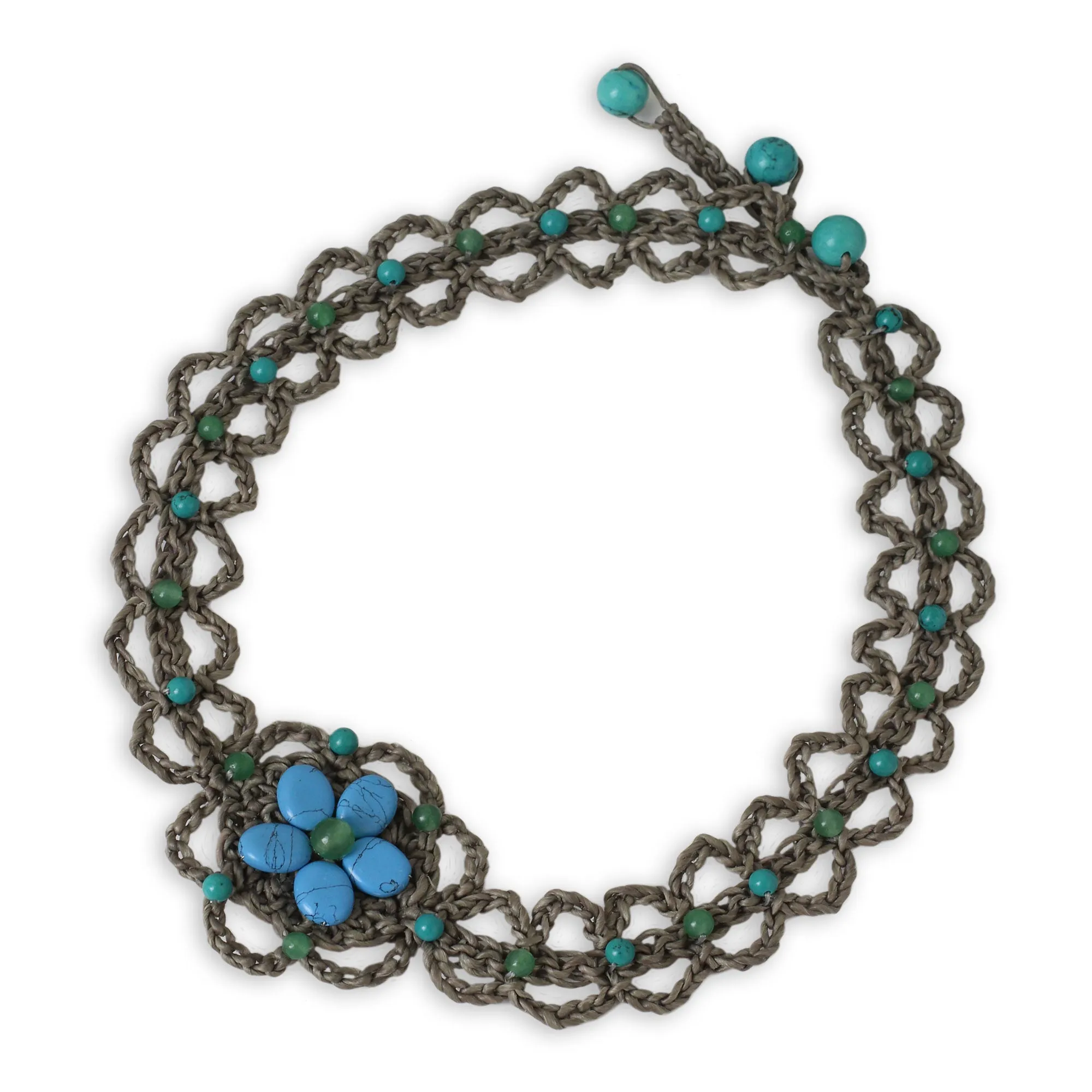 Turquoise-colored Gems on Hand Crocheted Necklace - Blossoming Blue Stargazer | NOVICA