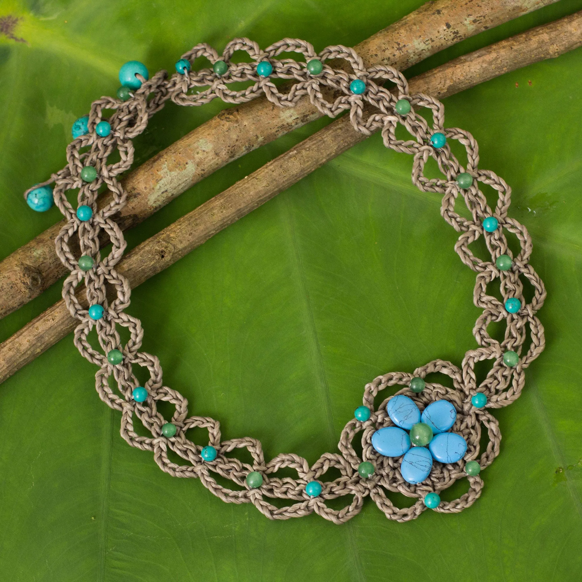 Turquoise-colored Gems on Hand Crocheted Necklace - Blossoming Blue Stargazer | NOVICA