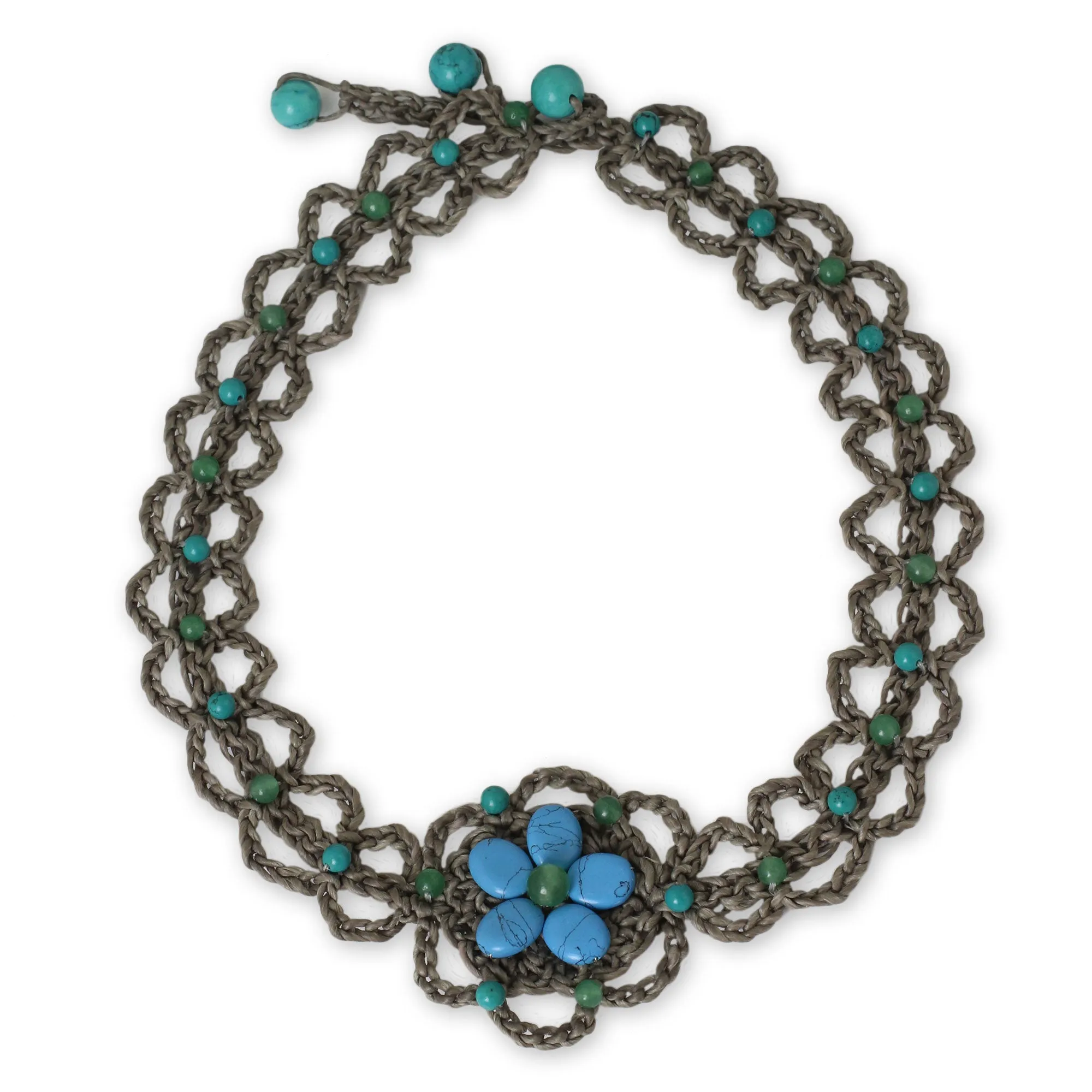 Turquoise-colored Gems on Hand Crocheted Necklace - Blossoming Blue Stargazer | NOVICA