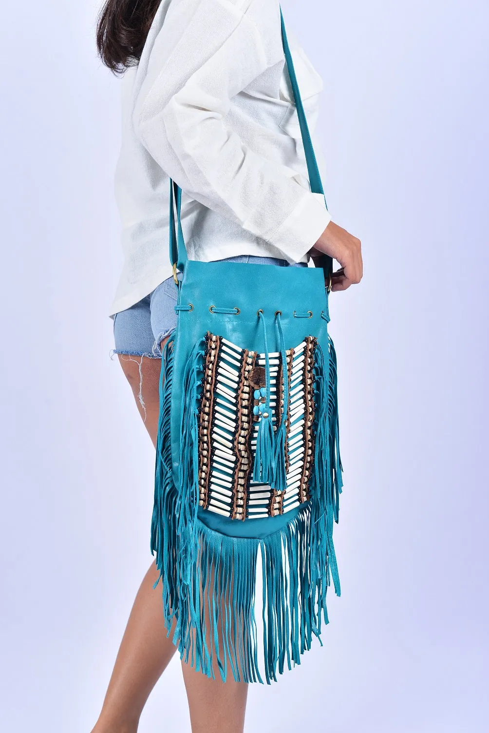 TURQUOISE Large Size Boho Leather Bag with Fringes and Bone Choker.