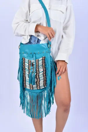 TURQUOISE Large Size Boho Leather Bag with Fringes and Bone Choker.