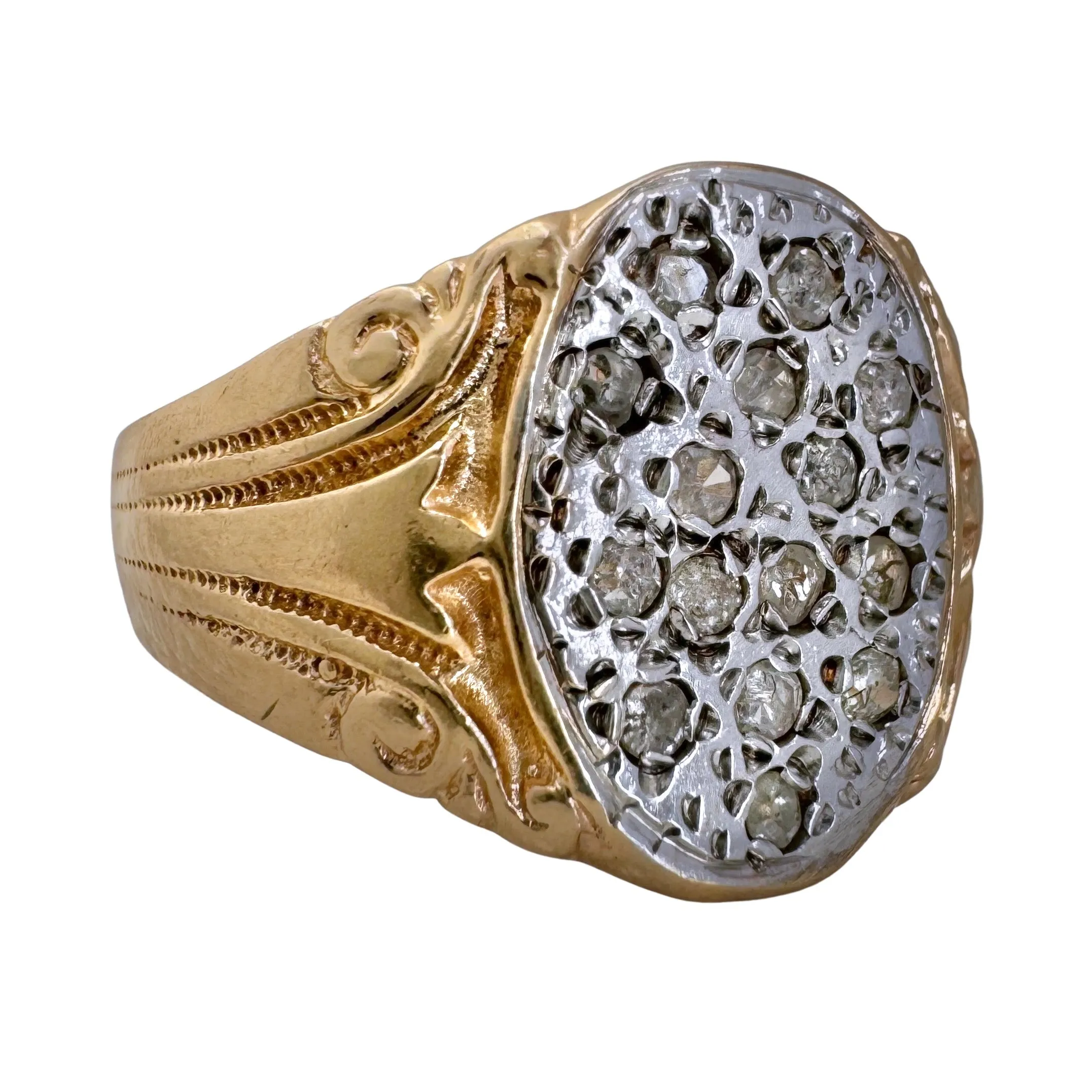 V I N T A G E // starry night / 14k and diamond Edwardian style diamond cluster signet / size 7.25