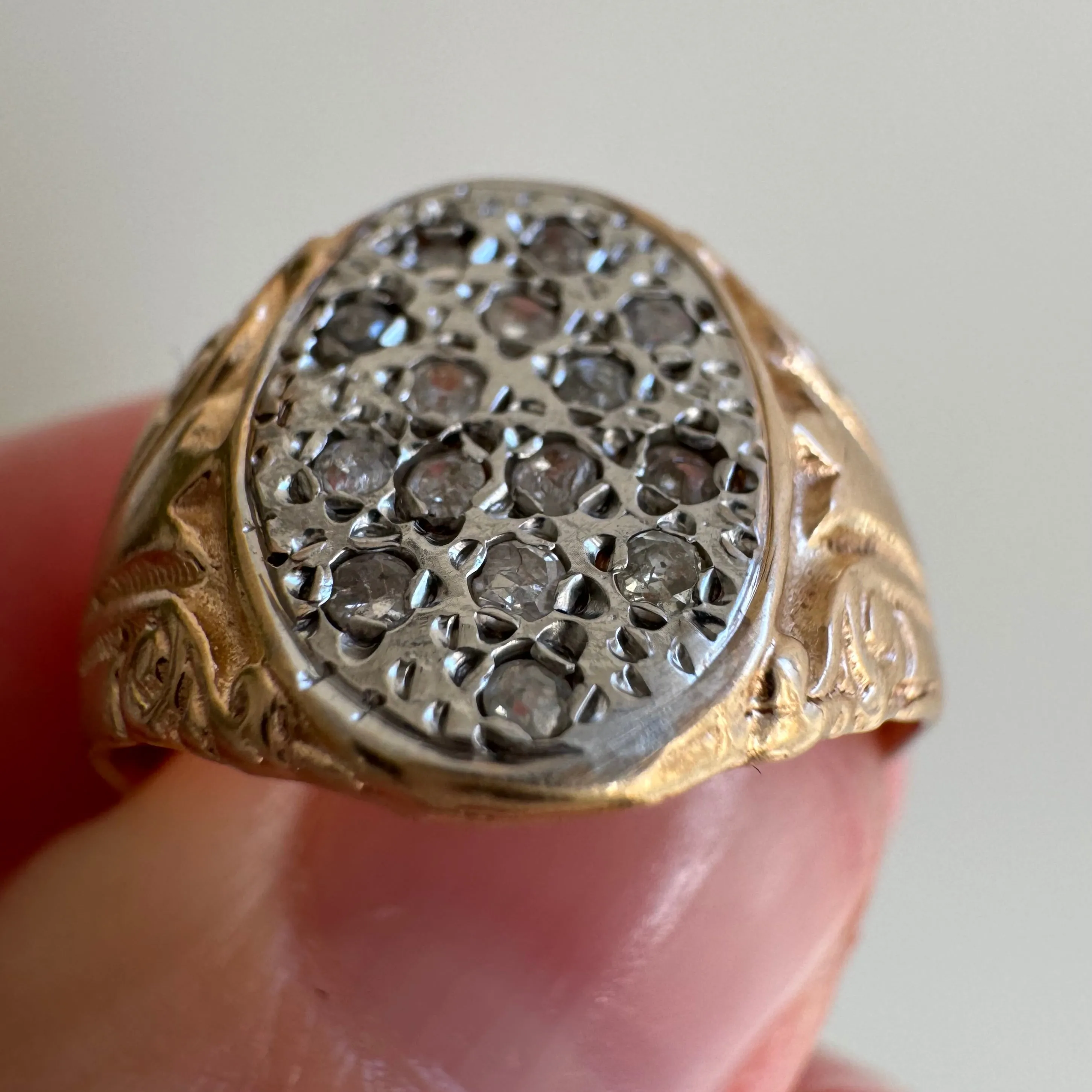 V I N T A G E // starry night / 14k and diamond Edwardian style diamond cluster signet / size 7.25