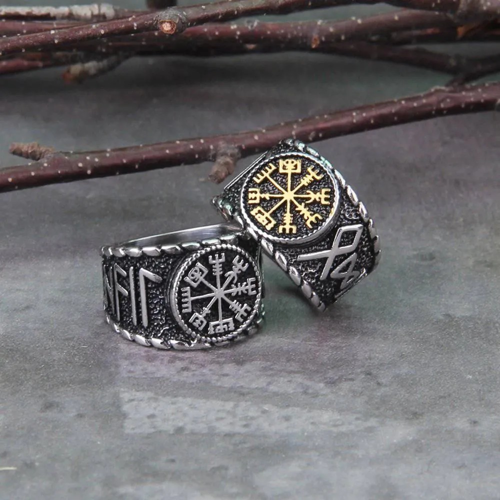 Vegvisir Elder Runes Signet Ring - Stainless Steel