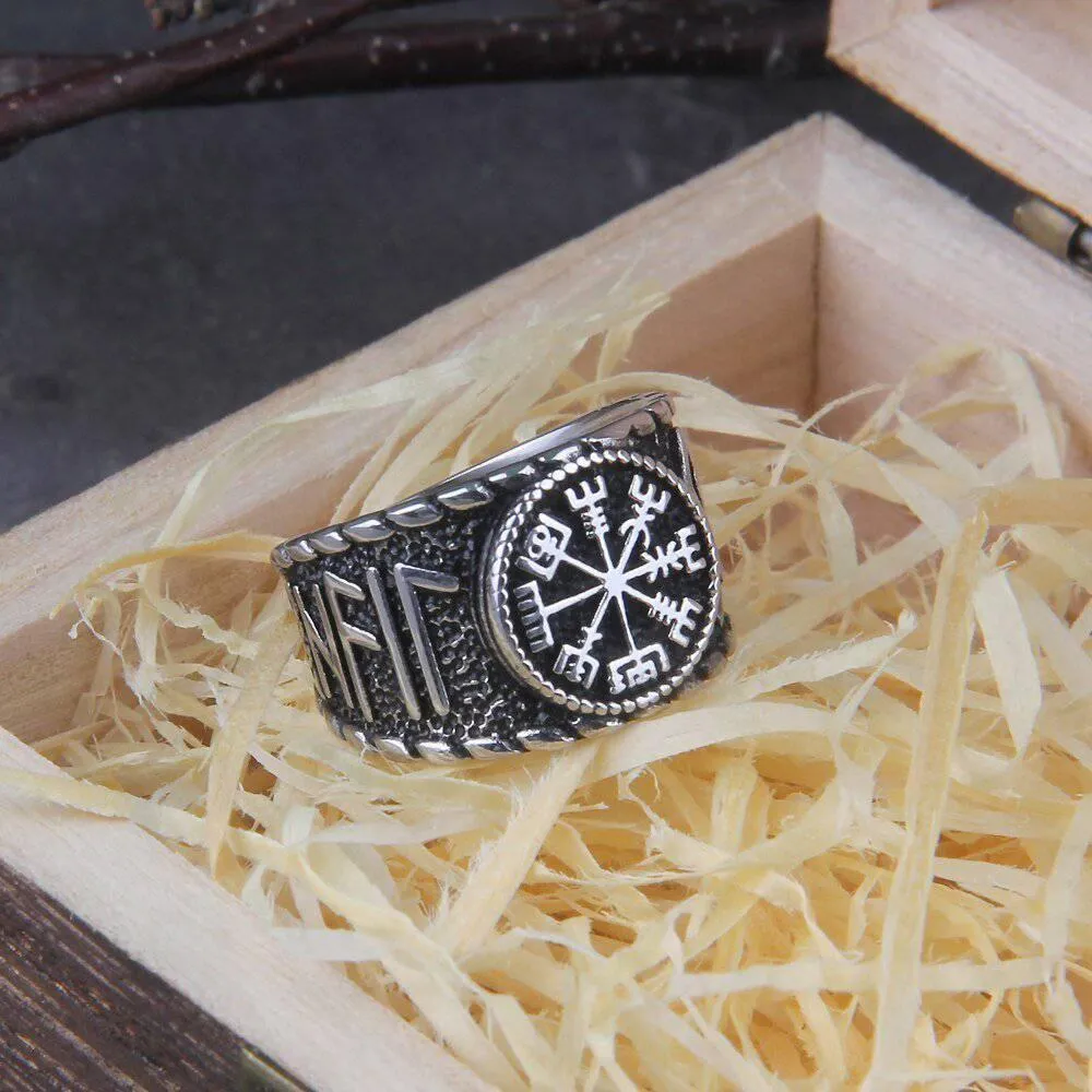 Vegvisir Elder Runes Signet Ring - Stainless Steel