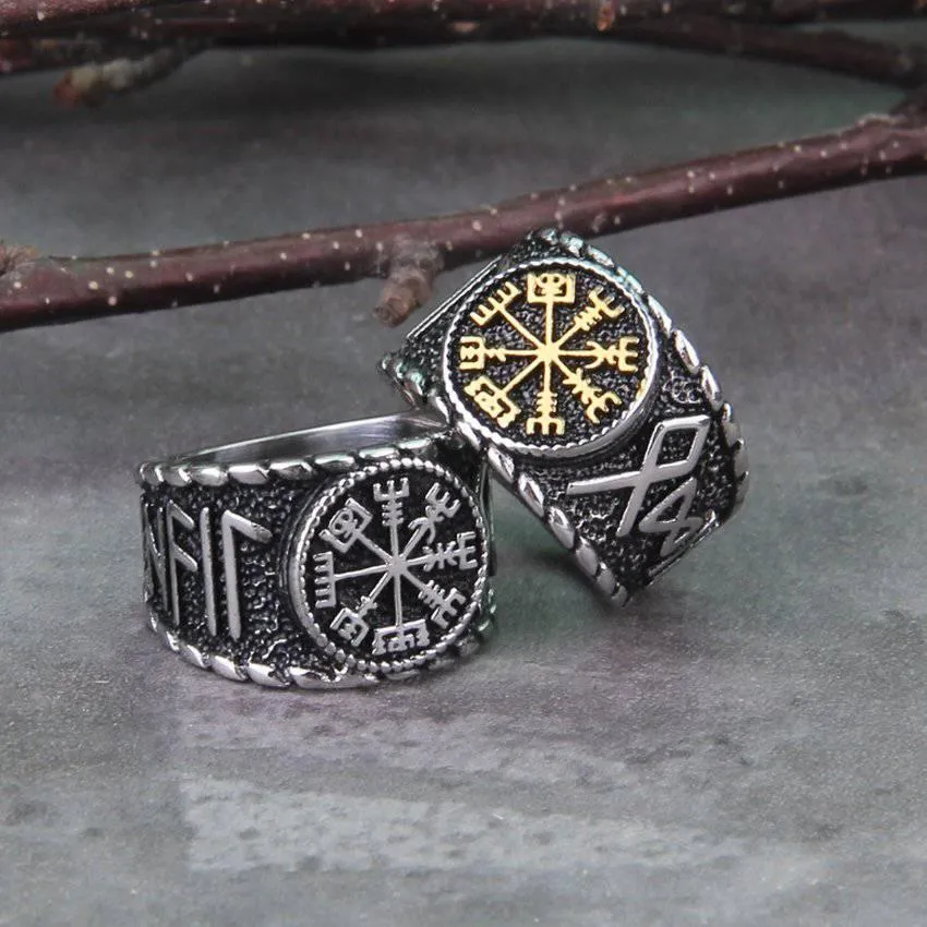 Vegvisir Elder Runes Signet Ring - Stainless Steel