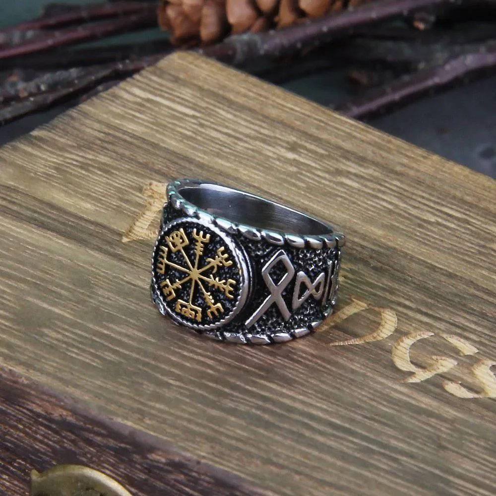 Vegvisir Elder Runes Signet Ring - Stainless Steel