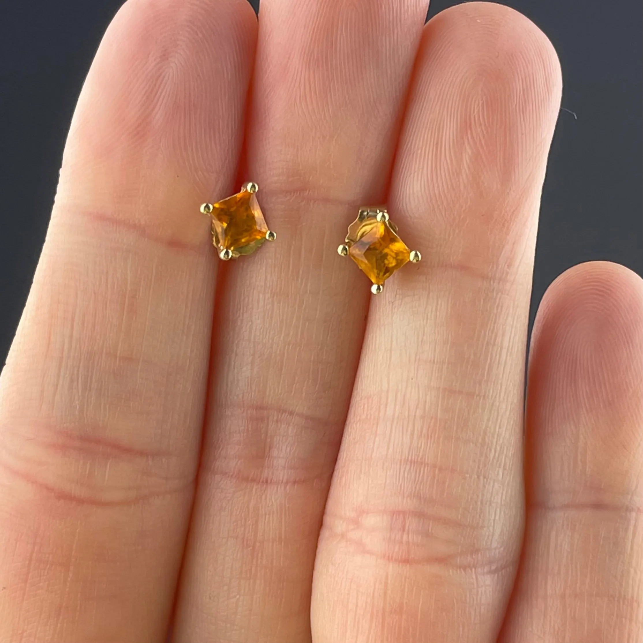 Vintage 14K Gold Princess Cut Citrine Stud Earrings