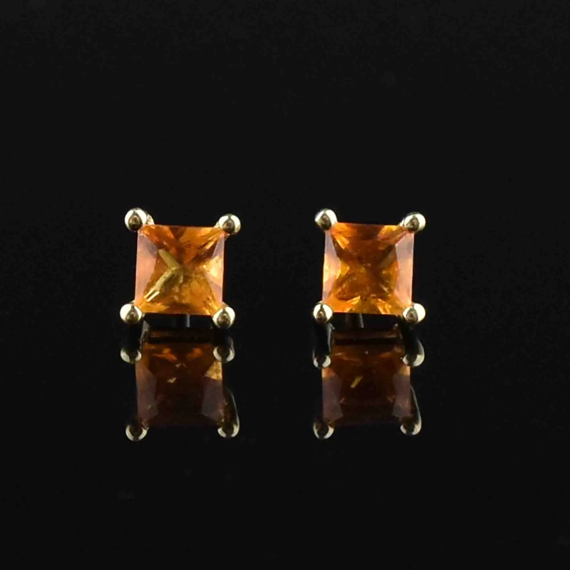 Vintage 14K Gold Princess Cut Citrine Stud Earrings