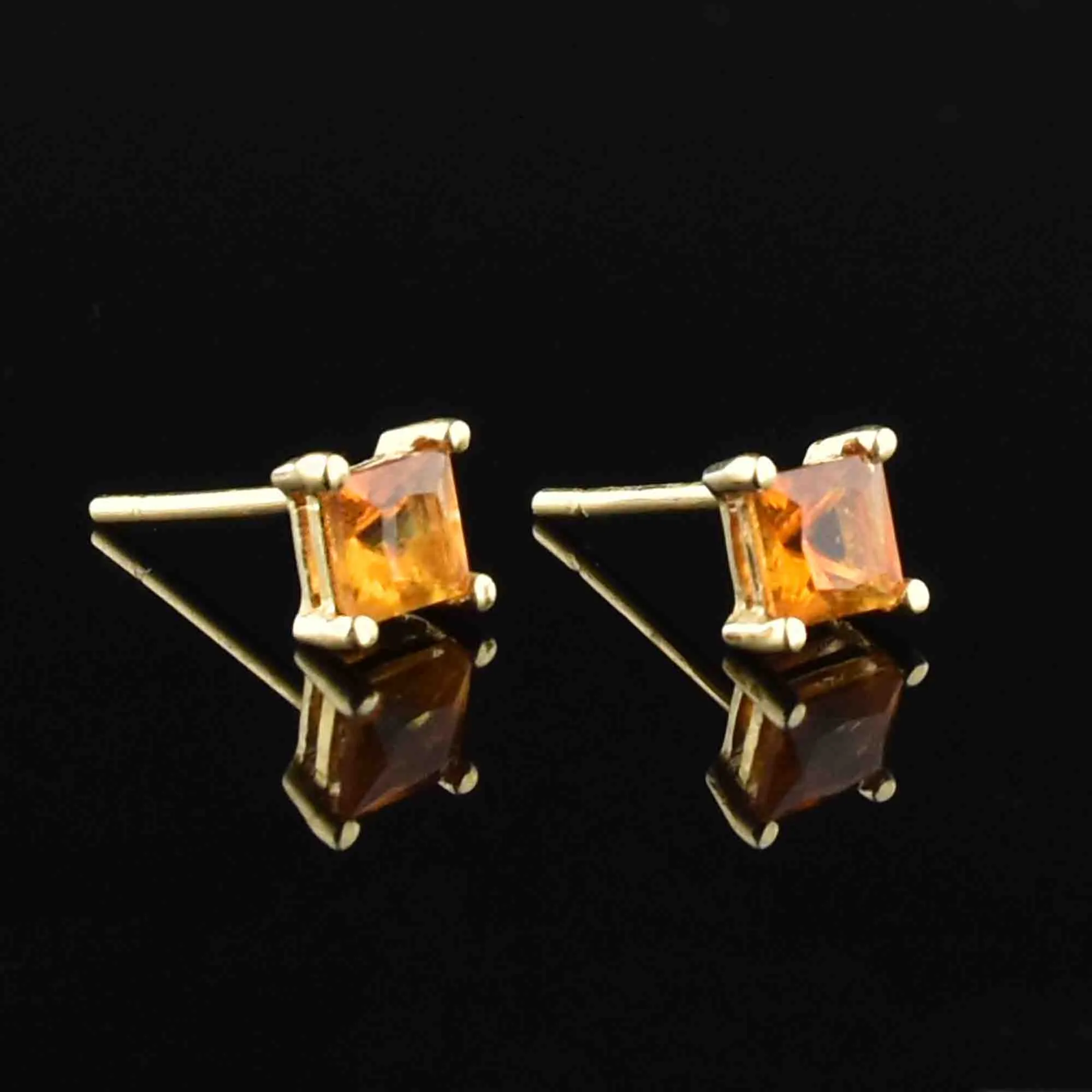 Vintage 14K Gold Princess Cut Citrine Stud Earrings