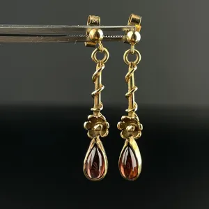 Vintage 9K Gold Flower Garnet Dangle Earrings