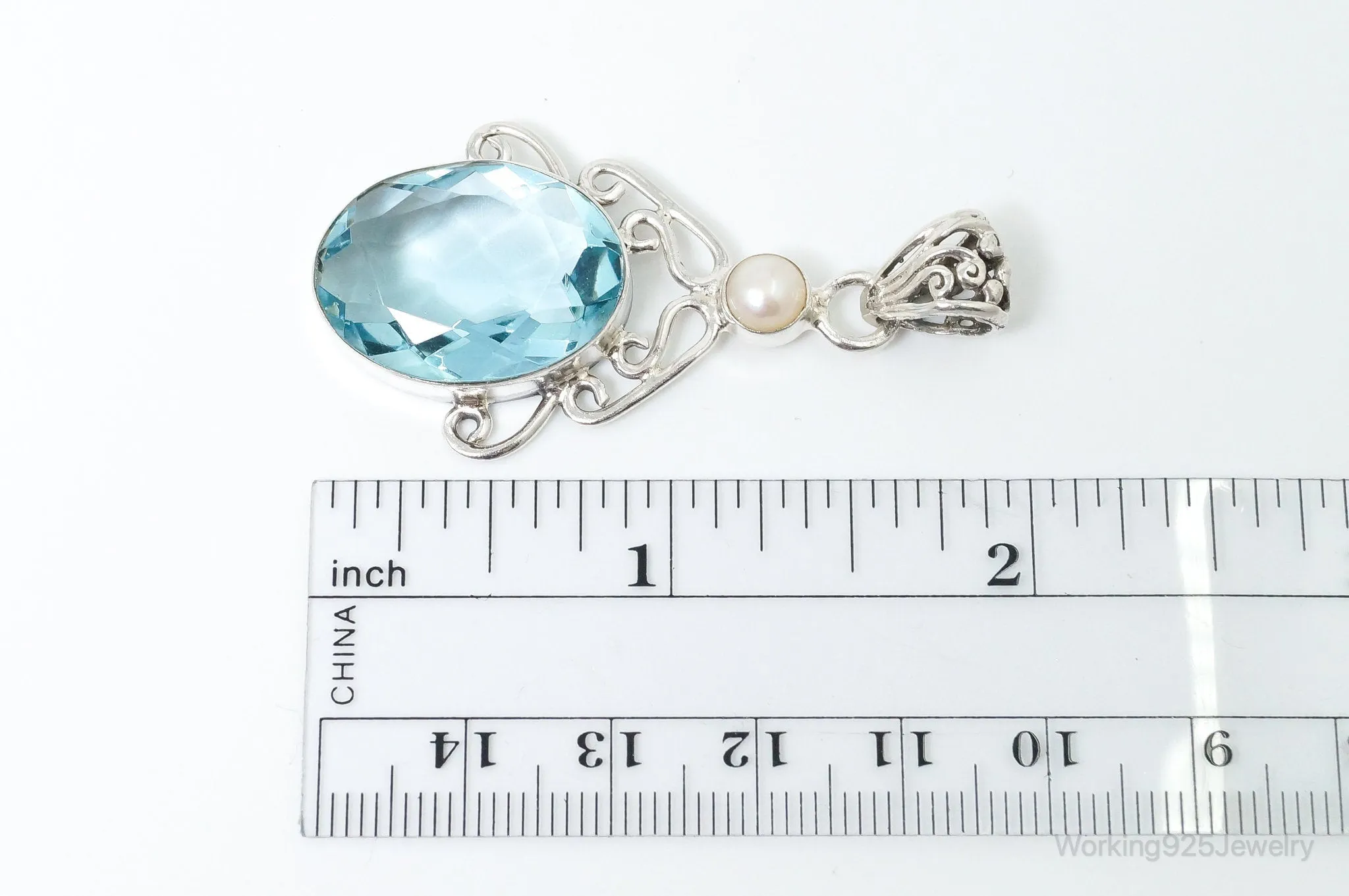 Vintage Art Deco Large Blue Topaz Pearl Sterling Silver Pendant