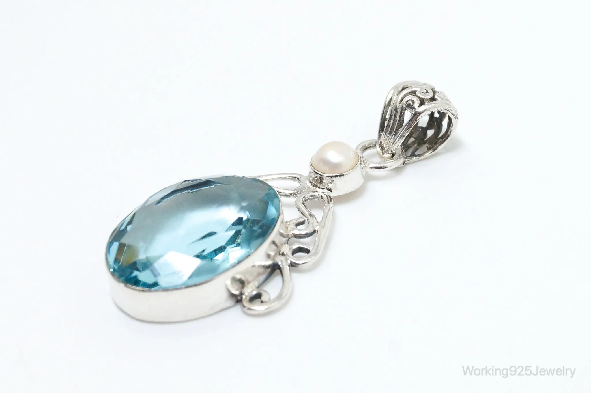 Vintage Art Deco Large Blue Topaz Pearl Sterling Silver Pendant