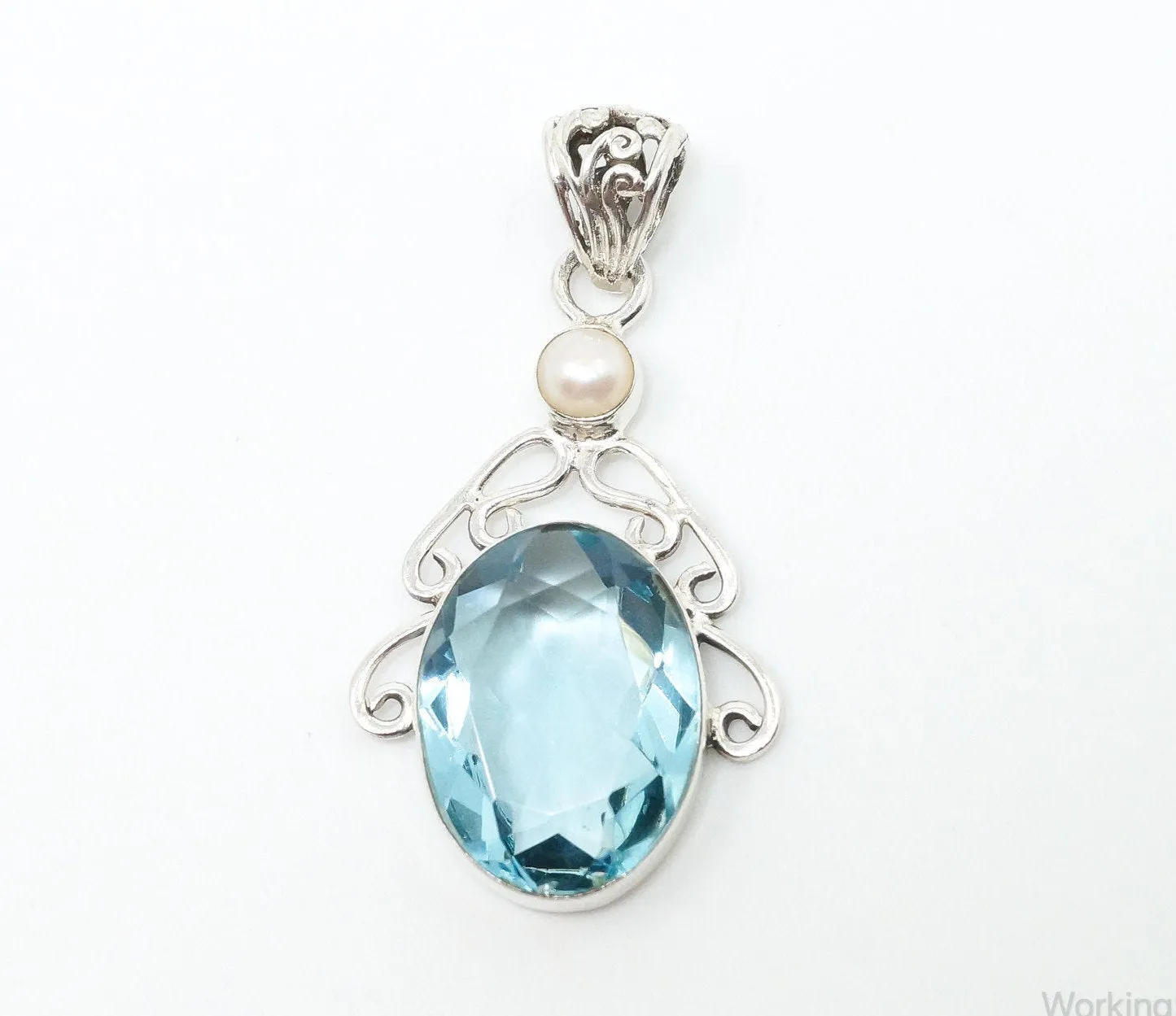 Vintage Art Deco Large Blue Topaz Pearl Sterling Silver Pendant