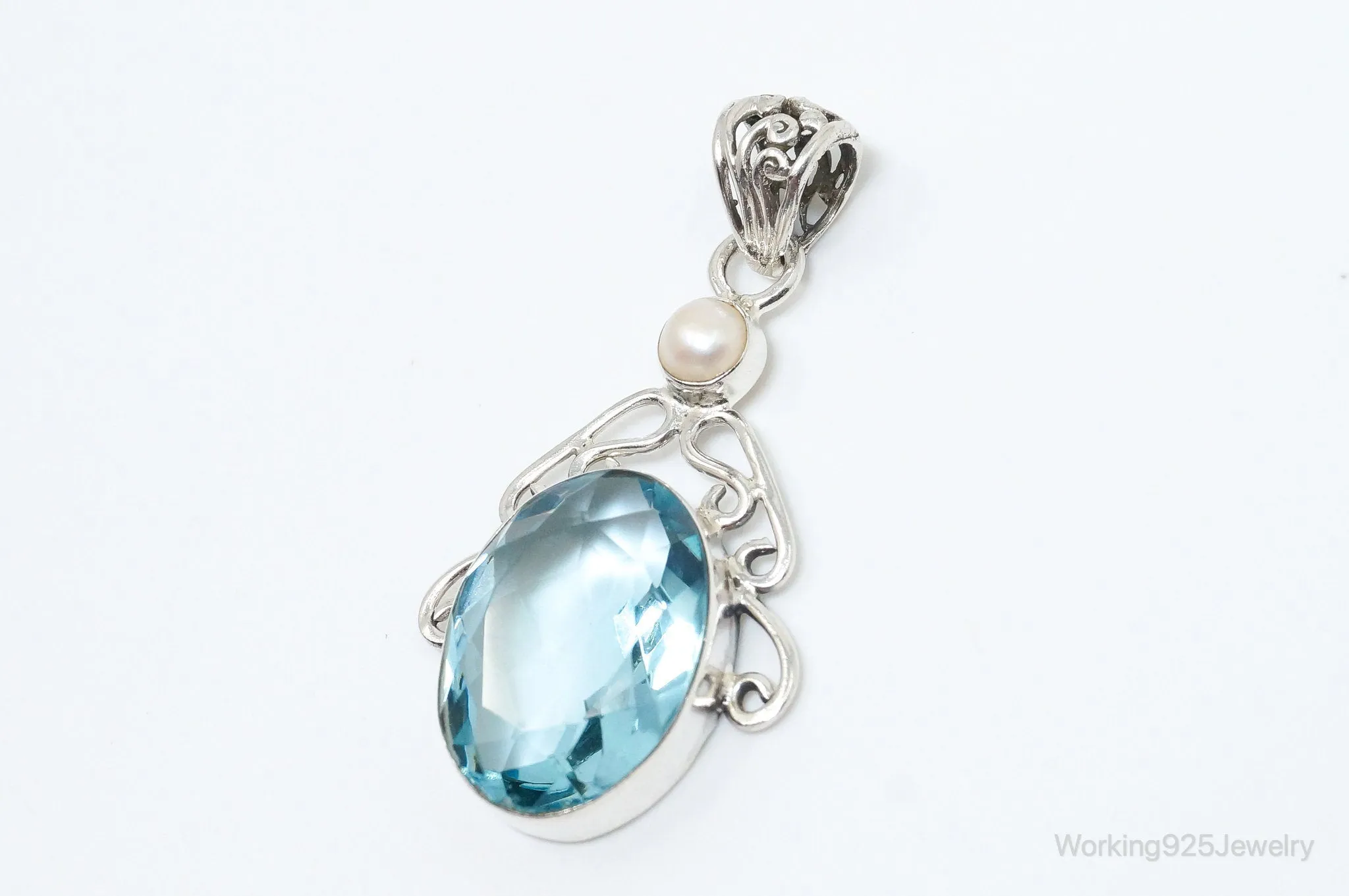 Vintage Art Deco Large Blue Topaz Pearl Sterling Silver Pendant