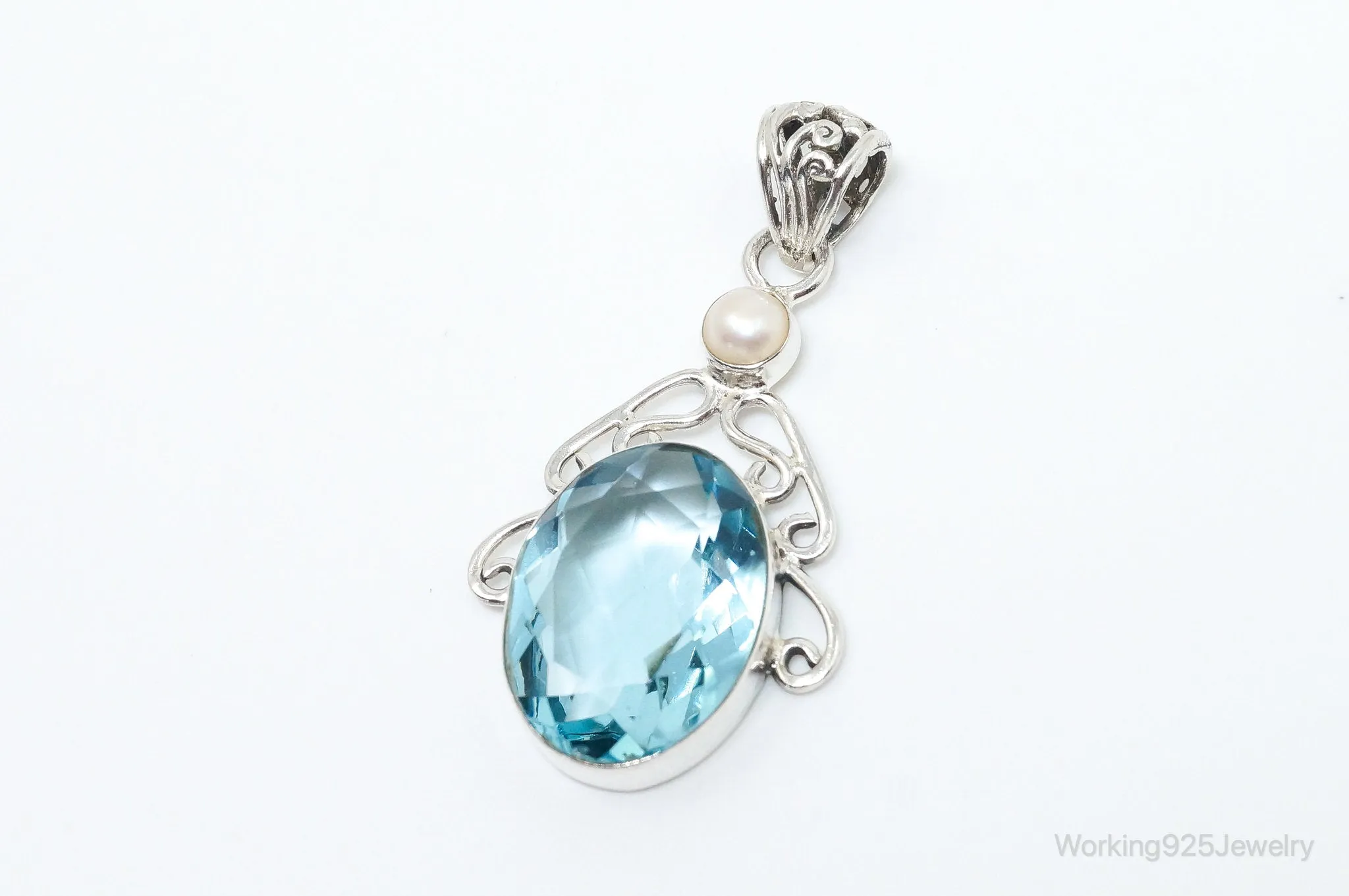 Vintage Art Deco Large Blue Topaz Pearl Sterling Silver Pendant